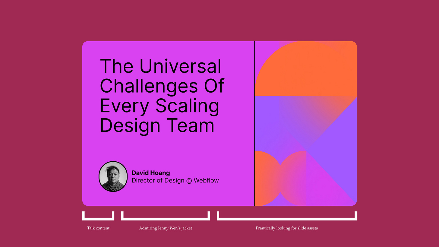 Slide showing a balance between talk content, admiring Jenny Wen's jacket and frantically looking for slides