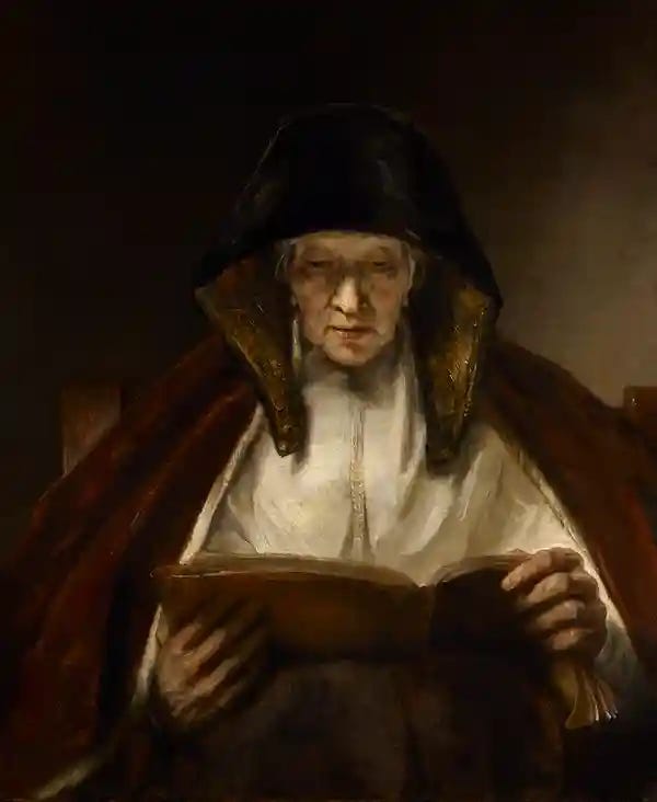 rembrandt, an old woman reading, tech recovery, sunstone, techno-optimist, marc andreessen, john maynard keynes rembrandt, an old woman reading, tech recovery, sunstone, techno-optimist, marc andreessen, john maynard keynes