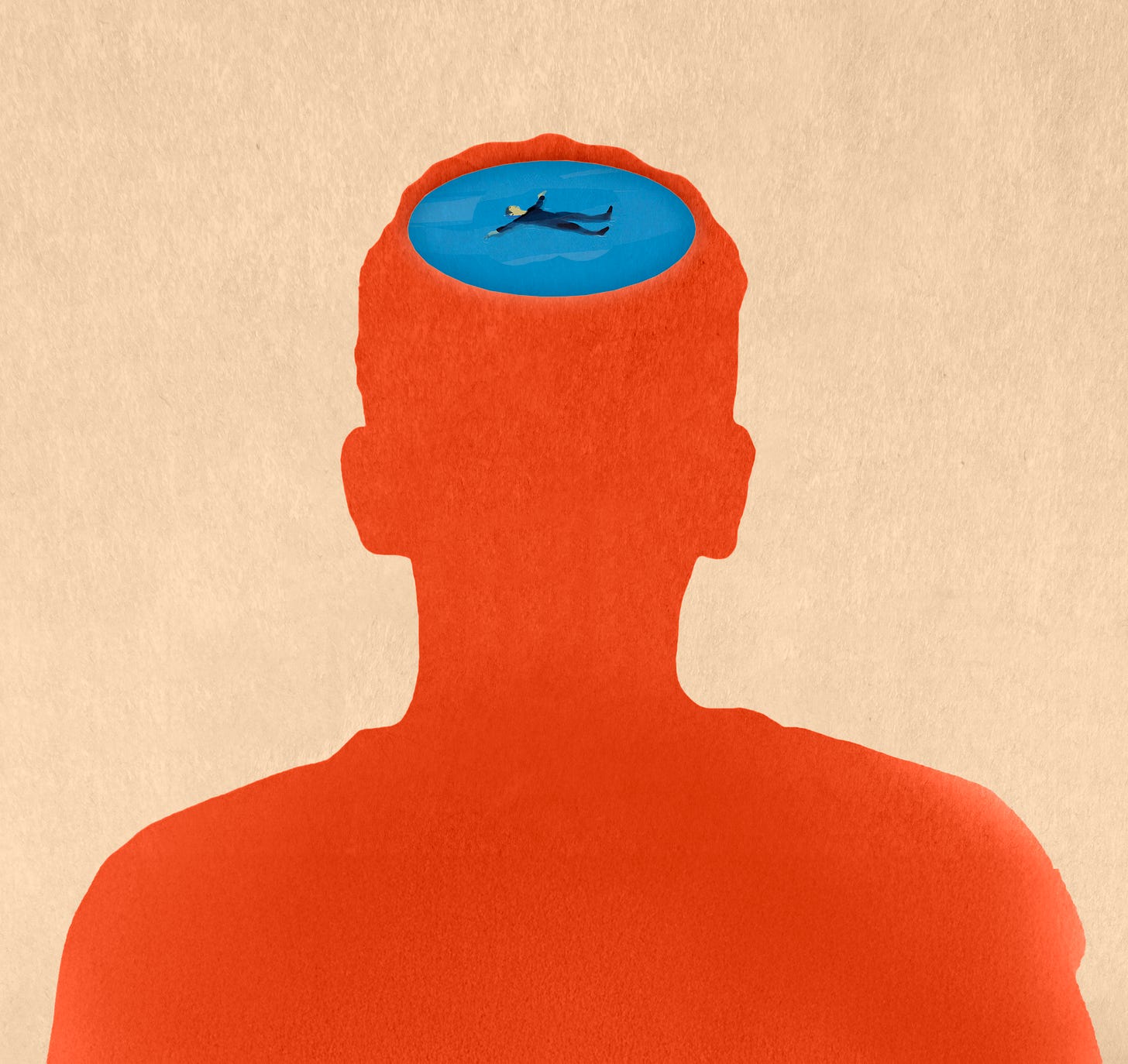 Silhouette of a person with the top of their head replaced by a blue pool, inside which a figure is floating on their back—an illustration evoking the gift of consciousness.