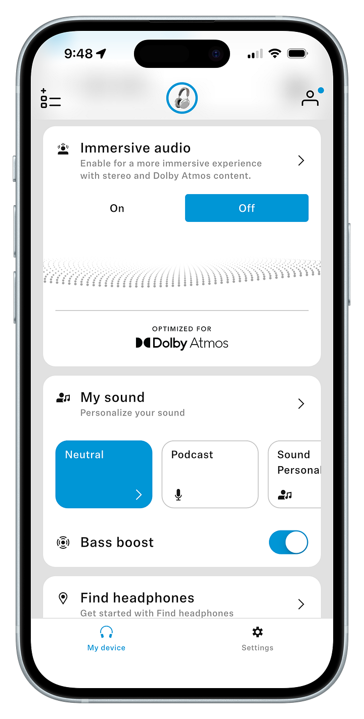Sennheiser SmartControlPlus app for iOS showing Immersive Audio settings.