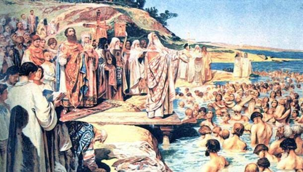 The Baptism and Christianization of Kievans, a painting by Klavdiy Lebedev. Painted Prior to 1916. The Baptism and Christianization of Kievans, a painting by Klavdiy Lebedev. Painted Prior to 1916.