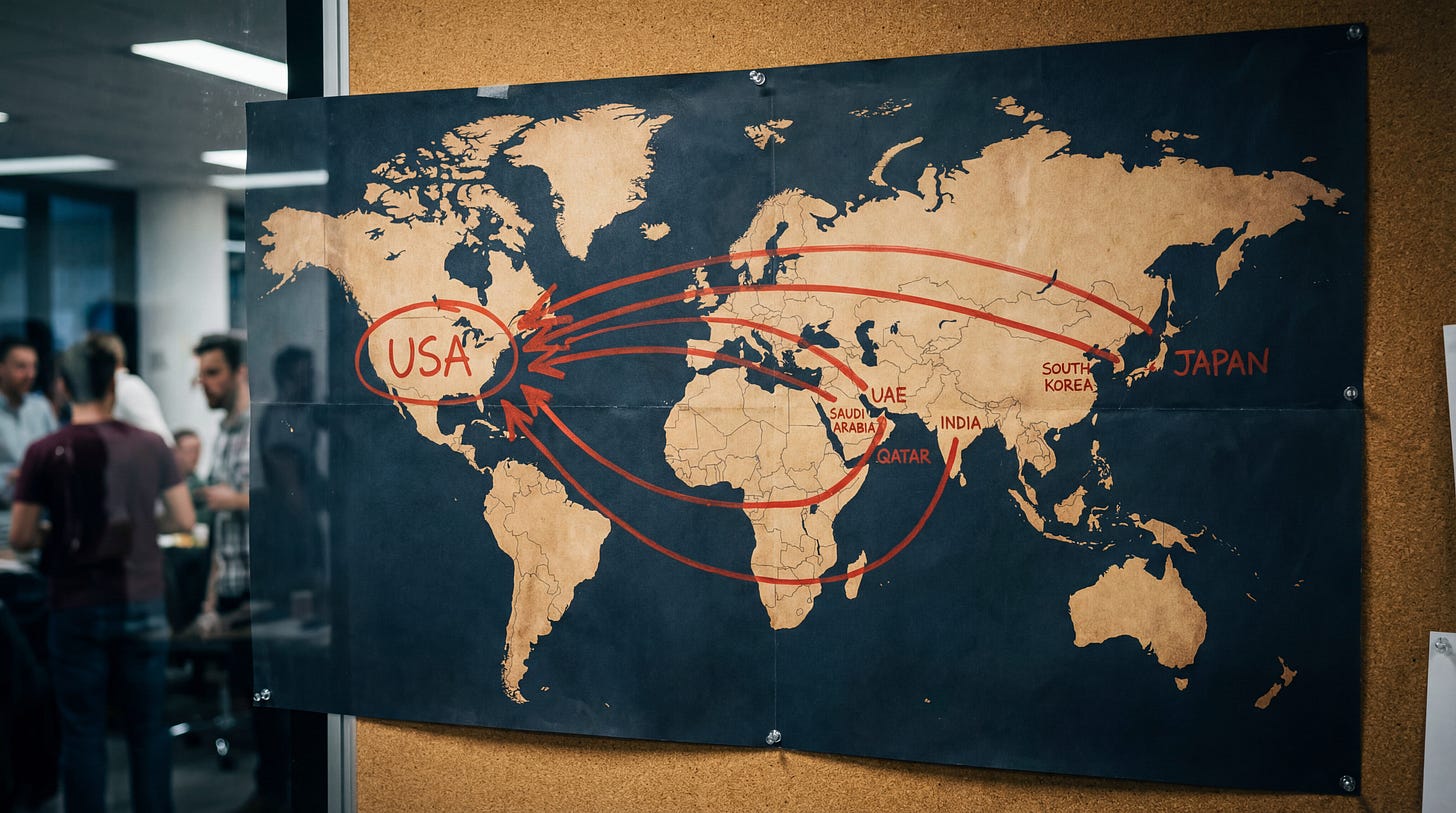 AI-generated illustration of a dark-blue world map with thick red arrows flowing from Japan, Saudi Arabia, UAE, South Korea, Qatar, India to the United States (money-flow style), symbolizing the tariff money coming into the U.S..