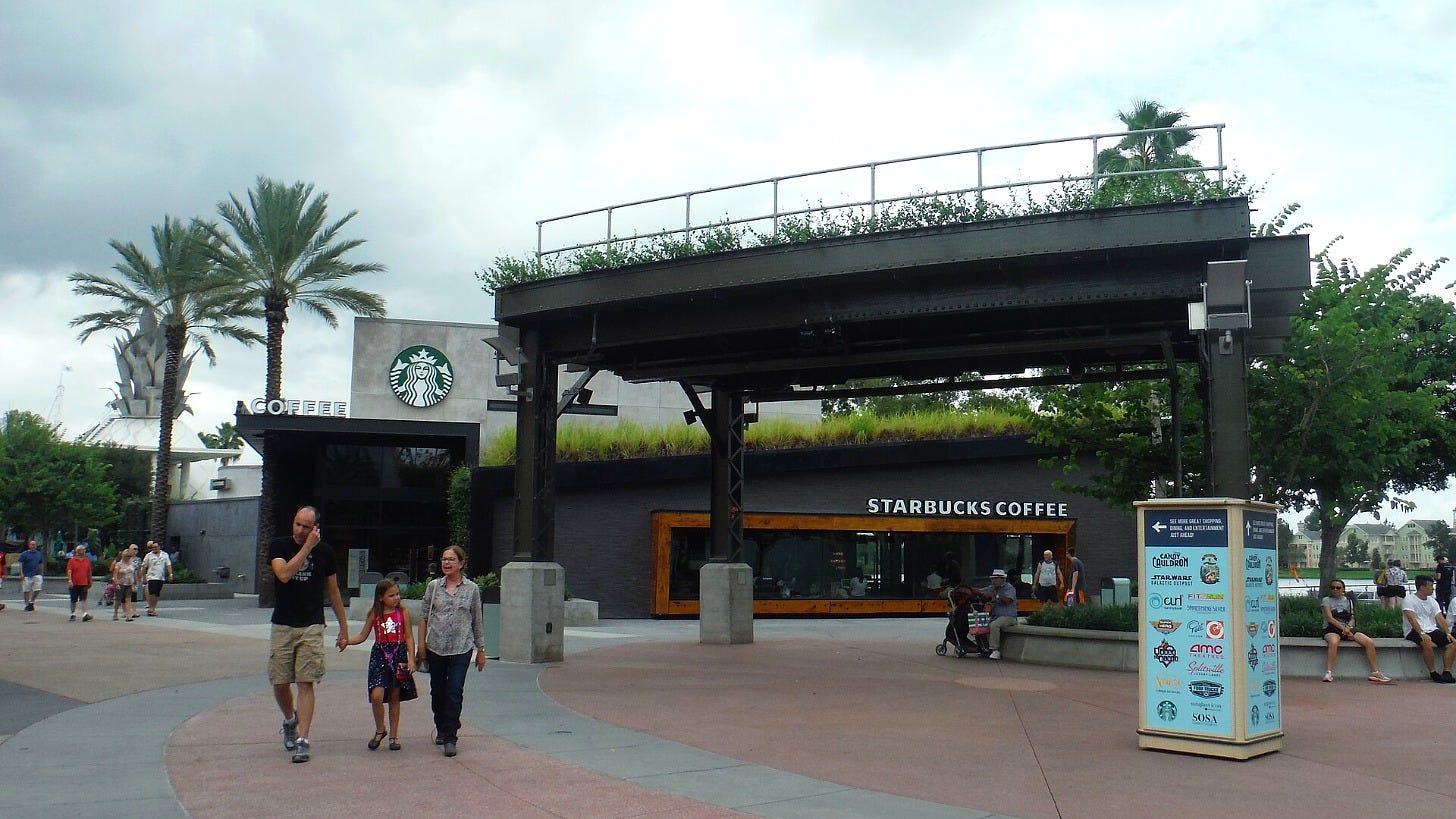 A Starbucks at Disney Springs in Walt Disney World. Image: Thomas photography via Wikimedia Commons