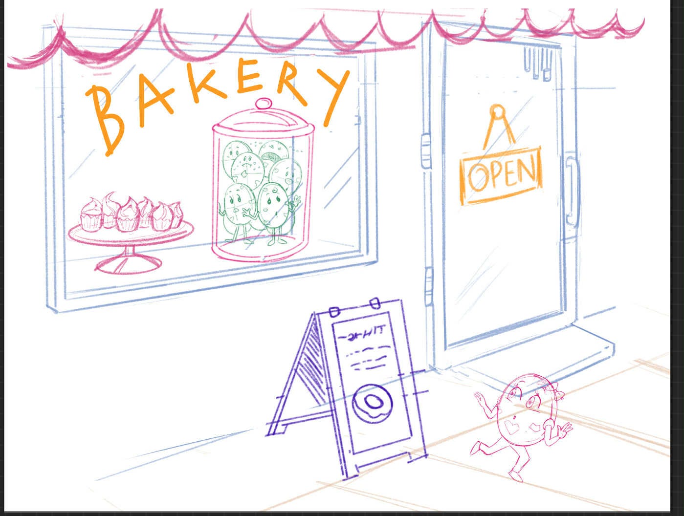 Rough sketch illustration from the upcoming children’s book Nora Escapes the Bakery showing Nora looking out from inside a bakery cookie jar toward the beach boardwalk.