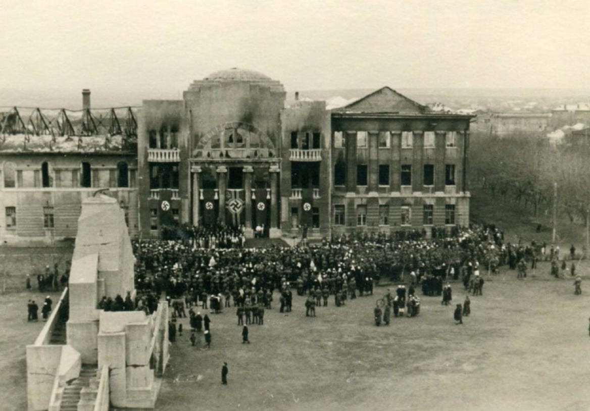 A poignant image of a burned-out theater in the German-occupied city of Artemivsk (now Bakhmut), USSR, December 1942, during the devastation of World War II.