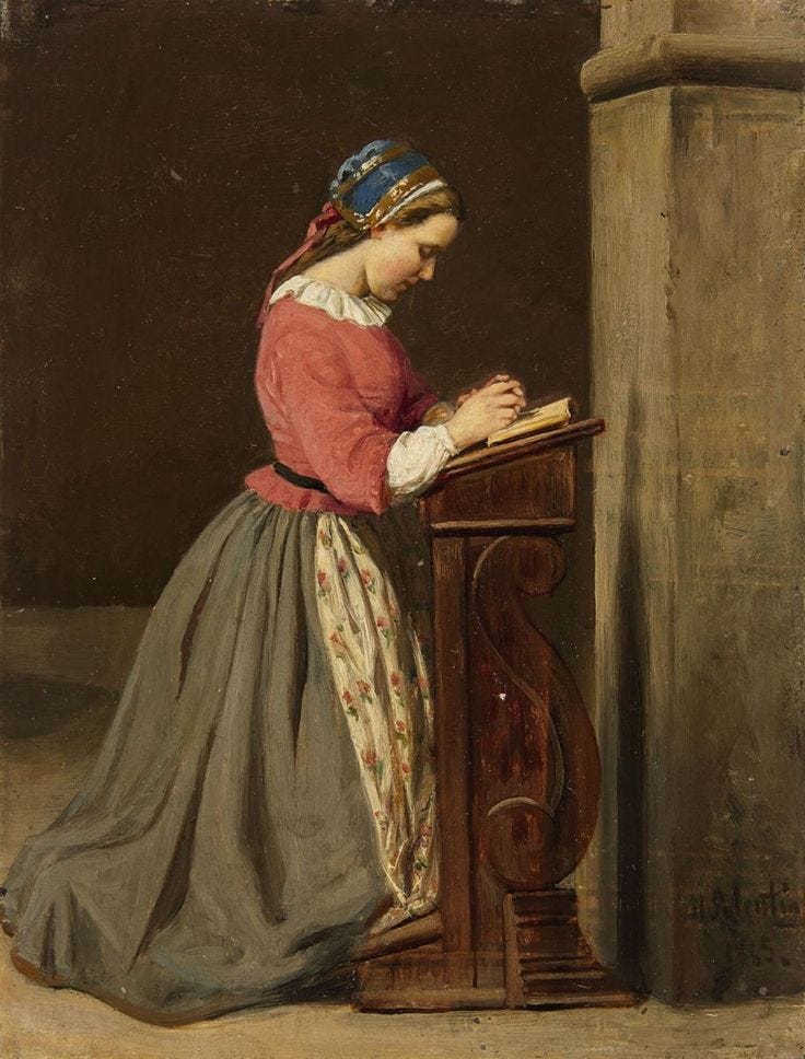 This may contain: a painting of a woman writing at a desk