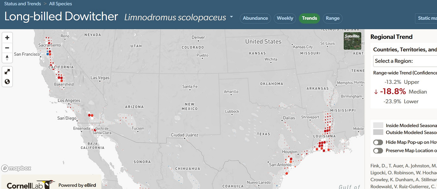 eBird trends map for Long-billed Dowitcher eBird trends map for Long-billed Dowitcher
