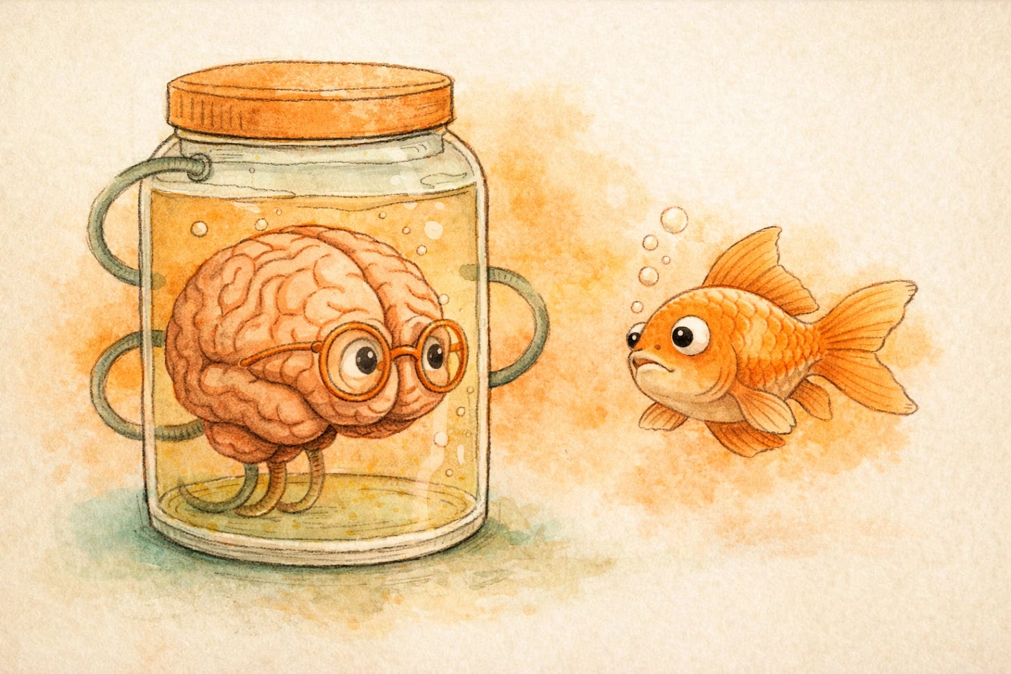 AI memory portability concept — Brain in a Jar mascot with a goldfish, representing the fleeting nature of AI context that doesn't persist when you switch models