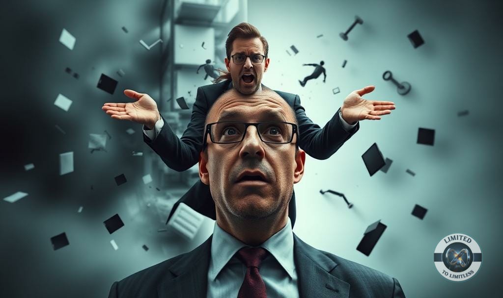 split screen photo of a businessman in chaos and in control