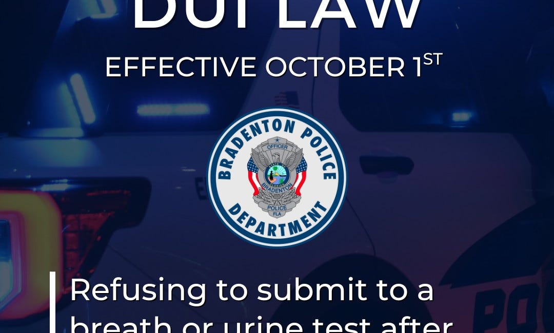 Bradenton Police Remind Drivers of Changes to Florida DUI Law Effective October 1