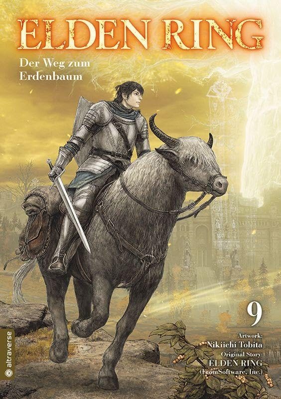 Cover of Elden Ring: Der Weg zum Erdenbaum Vol. 9 (German edition). The scene features the same armored protagonist riding a large beast, sword in hand, gazing toward a grand structure in the misty, golden-hued background. The title "ELDEN RING" appears at the top with the subtitle in German, and credits to Nikiichi Tobita and FromSoftware appear at the bottom. The overall tone is epic and somber, evoking the atmosphere of the game.