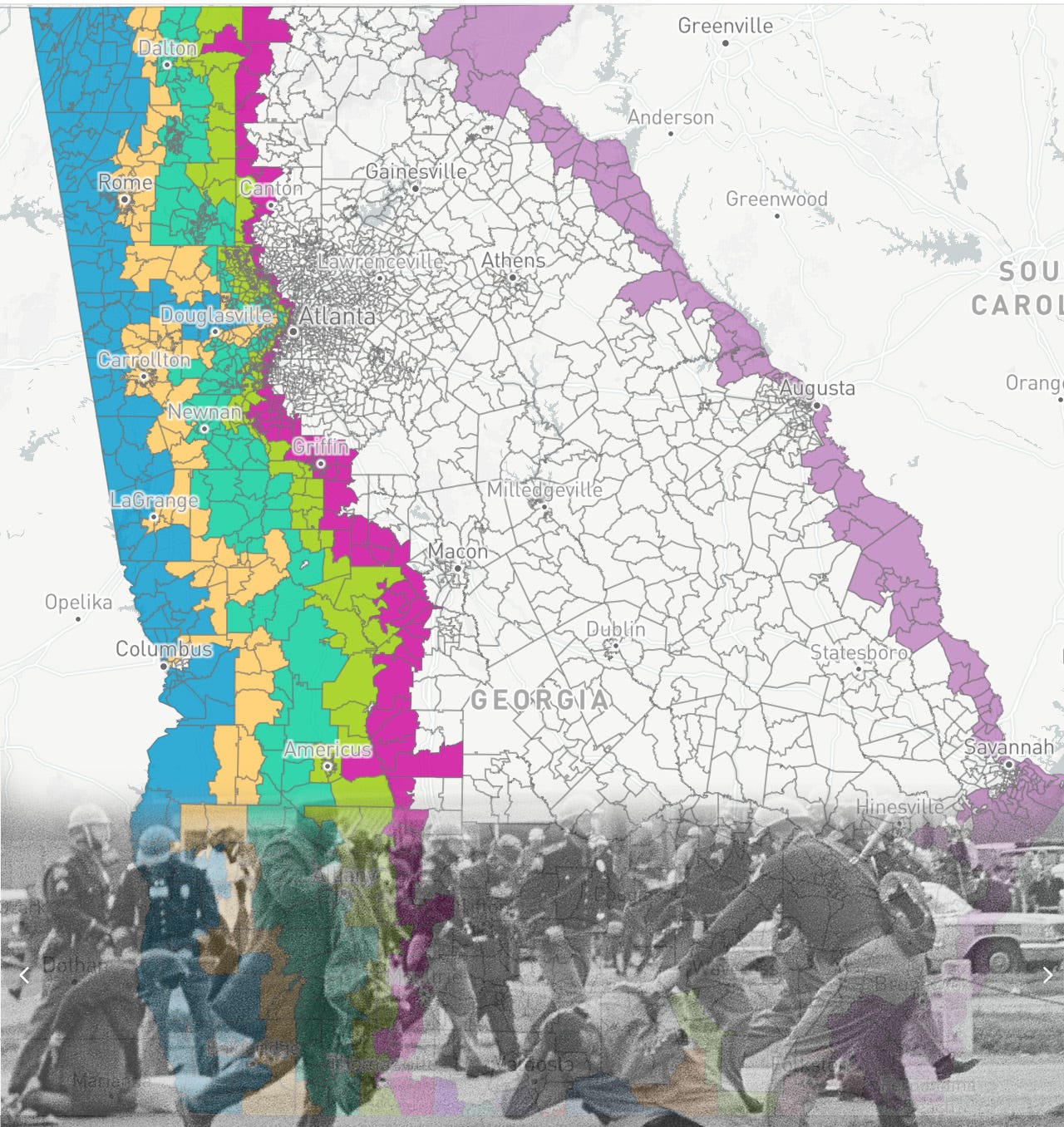 New map showing ribbons, including John Lewis' old district. Superimposed over the map is an old photo of police attacking John Lewis