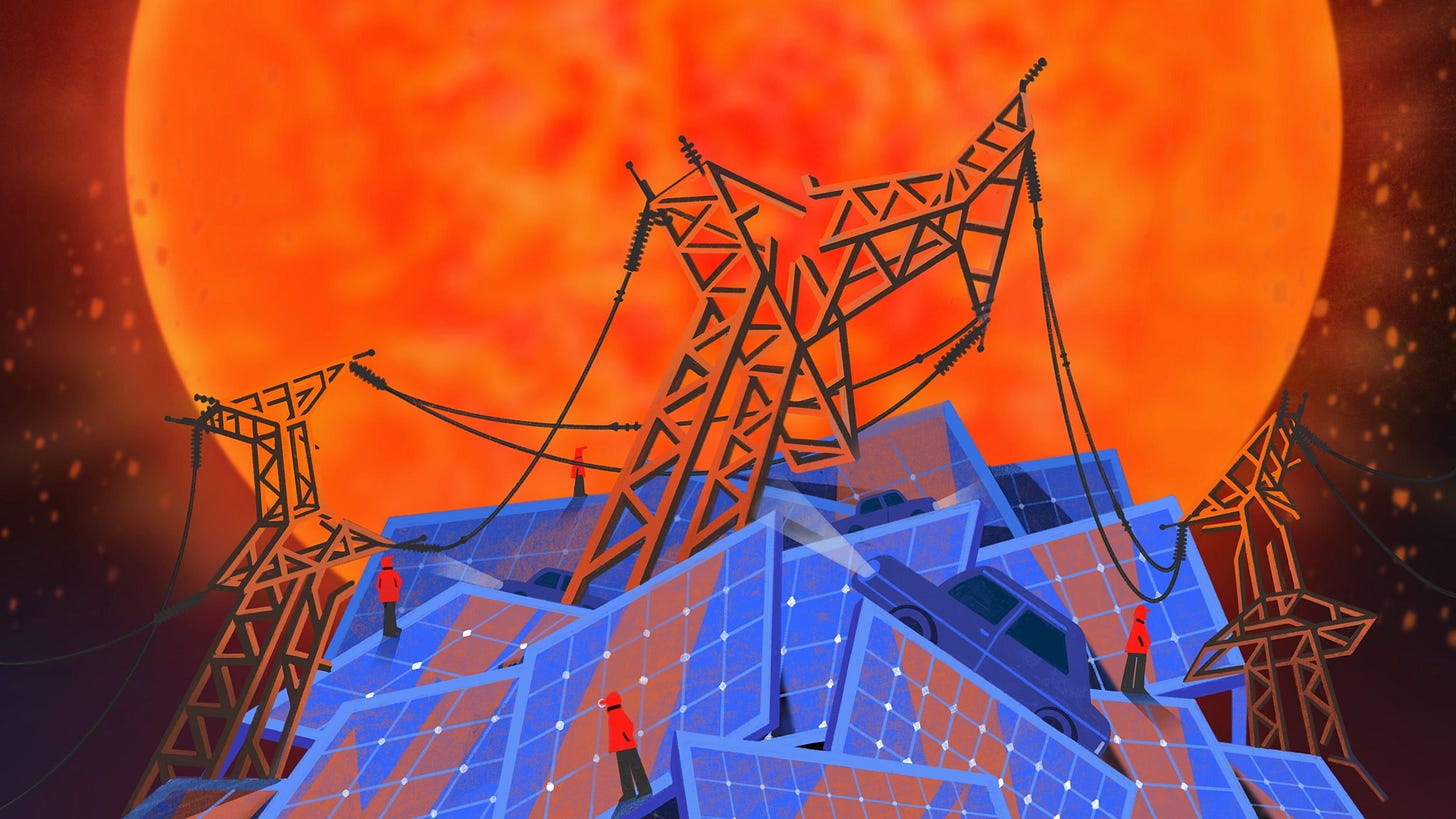 Workers walk through a structure made of solar panels against a looming scorching sun while transmission towers are... Workers walk through a structure made of solar panels against a looming scorching sun while transmission towers are...