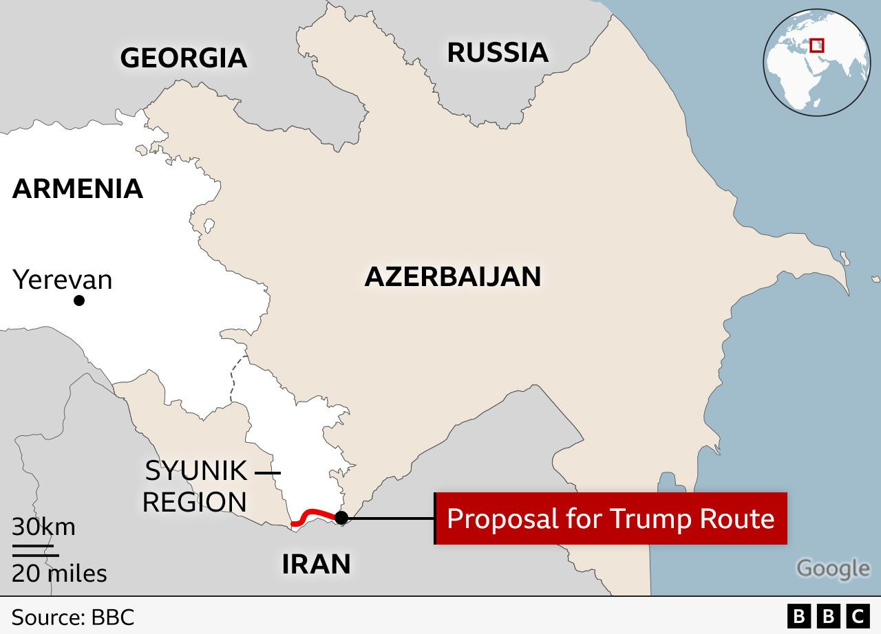 A map showing the proposed Trump Route on Armenia's borders with Iran and Azerbaijan