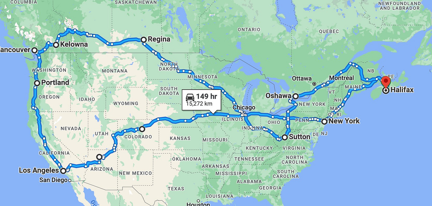 May be an image of map and text that says 'COLOMB SASKATCHEWAN ancouver Kelowna Regina ONTARIO NEWFOUNDLAND AND LABRADOR WASHINGTON Portland MONTANA QUEBEC NORTH DAKOT OREGON IDAHO INNESOTA SOUTH DAKOTA WYOMING Ottawa 149 hr 15,272 km NEVADA NB Montreal MAINE UTAH Chicago ILLINOIS Oshawa NEW YORK MA.. COLORADO CALIFORNIA Halifax KANSAS OHIO MISSOURI Los Angeles San Diego. New York ARIZONA NEW MEXICO Sutton DE NJ VIRGINIA NORTH CAROLINA KENTUCKY OKLAHOMA TENNESSEE ARKANSAS MISSISSIPPI ALABAMA GEORGIA TEXAS CAROLINA LOUISIANA'