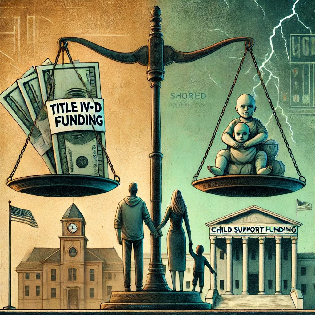 An illustrative image for an article about the potential impacts of cutting Title IV-D funding for child support enforcement. The image features a symbolic scale with one side holding a stack of money labeled 'Title IV-D Funding' and the other side holding two parents and a child, representing shared parenting and family unity. In the background, a courthouse and government building are depicted, with subtle cracks symbolizing the potential for reform. The color palette includes muted tones with highlights of green and gold to emphasize financial and systemic themes. The tone is reflective and thought-provoking.