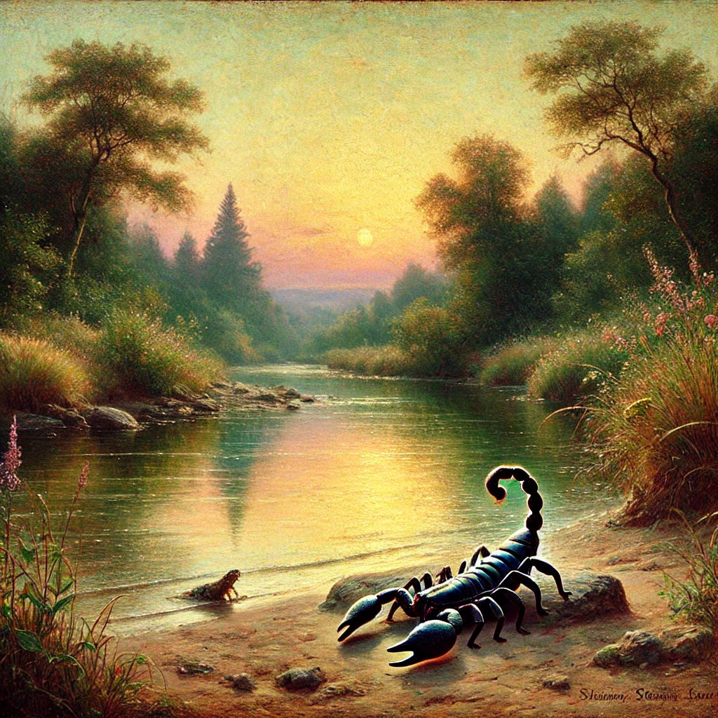 A serene impressionist painting set in 1899, depicting a scorpion and a frog meeting at the edge of a gently flowing river. The scene is bathed in soft, warm tones of sunset, with lush greenery and wildflowers framing the riverbanks. The frog is poised on a rock near the water, while the scorpion stands on the sandy shore, both facing each other with a sense of calm curiosity. The water reflects the colors of the sky, creating a peaceful and slightly ethereal atmosphere. The brushstrokes are loose and textured, typical of the Impressionist style.