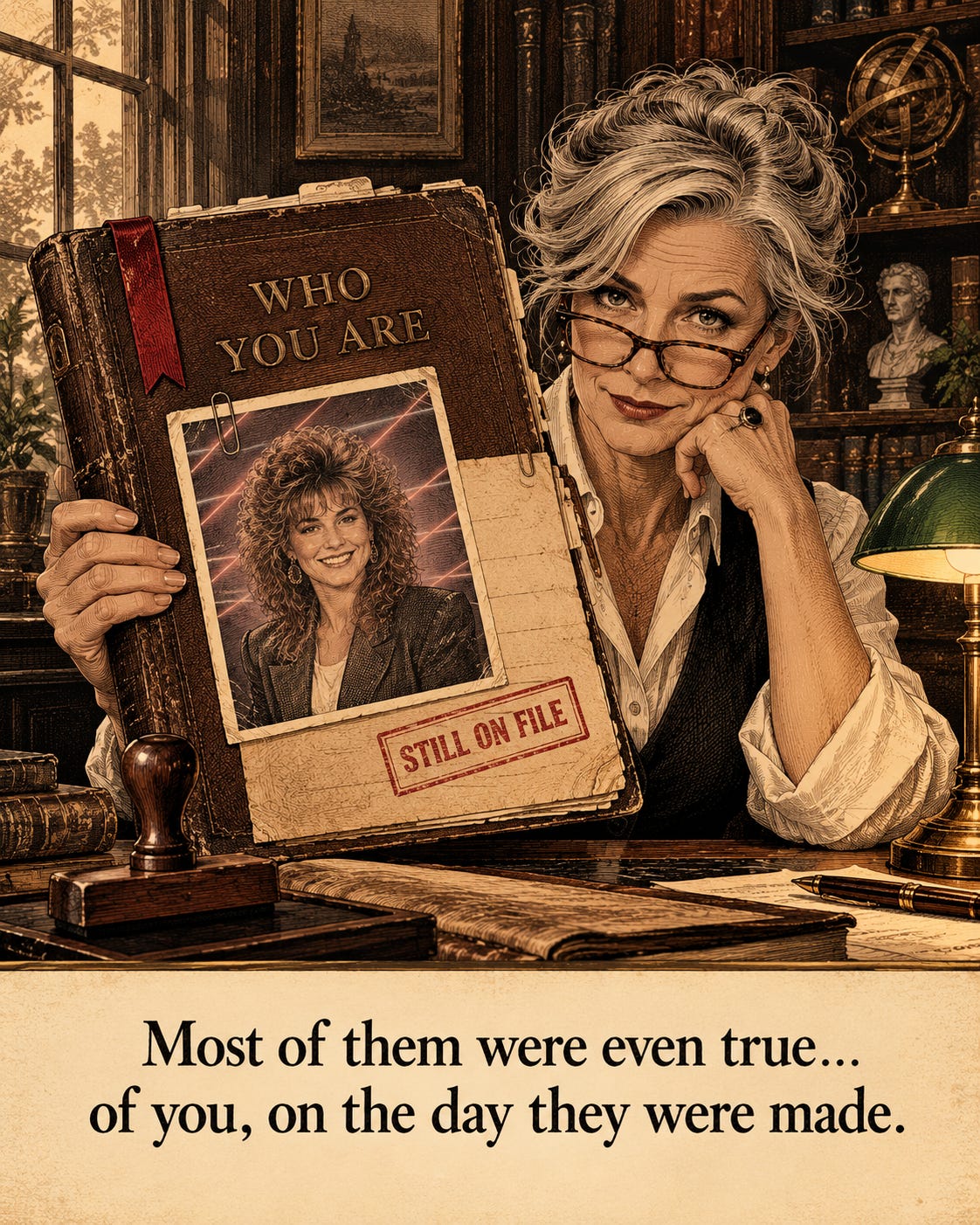 A sepia engraving of a silver-haired woman founder at her desk, eyebrow raised, holding up a leather dossier titled WHO YOU ARE, stamped STILL ON FILE, with her 1980s yearbook photo pinned to it: huge permed hair, shoulder pads, laser backdrop. A sepia engraving of a silver-haired woman founder at her desk, eyebrow raised, holding up a leather dossier titled WHO YOU ARE, stamped STILL ON FILE, with her 1980s yearbook photo pinned to it: huge permed hair, shoulder pads, laser backdrop.