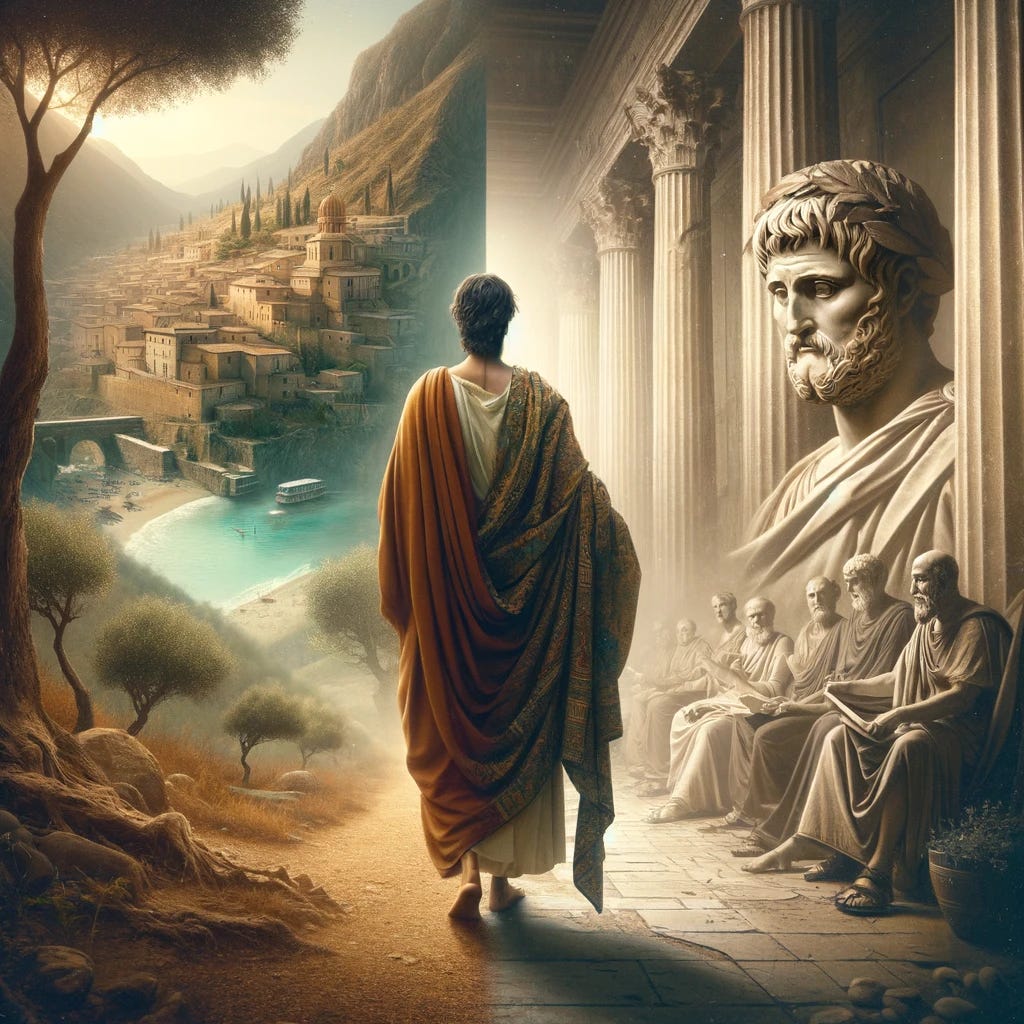 An evocative image capturing the essence of two distinct worlds colliding: the serene landscapes of ancient Judea and the bustling streets of Roman Hispania. In the foreground, a humble figure representing Jesus stands in a tranquil Judean setting, symbolizing his teachings of love and compassion. In the background, an image of Seneca, draped in Roman attire, is set against the backdrop of a busy Roman forum, representing his influence in the world of philosophy and politics. This image conveys the parallel lives and teachings of these two historical figures, Jesus and Seneca, highlighting their timeless influence.
