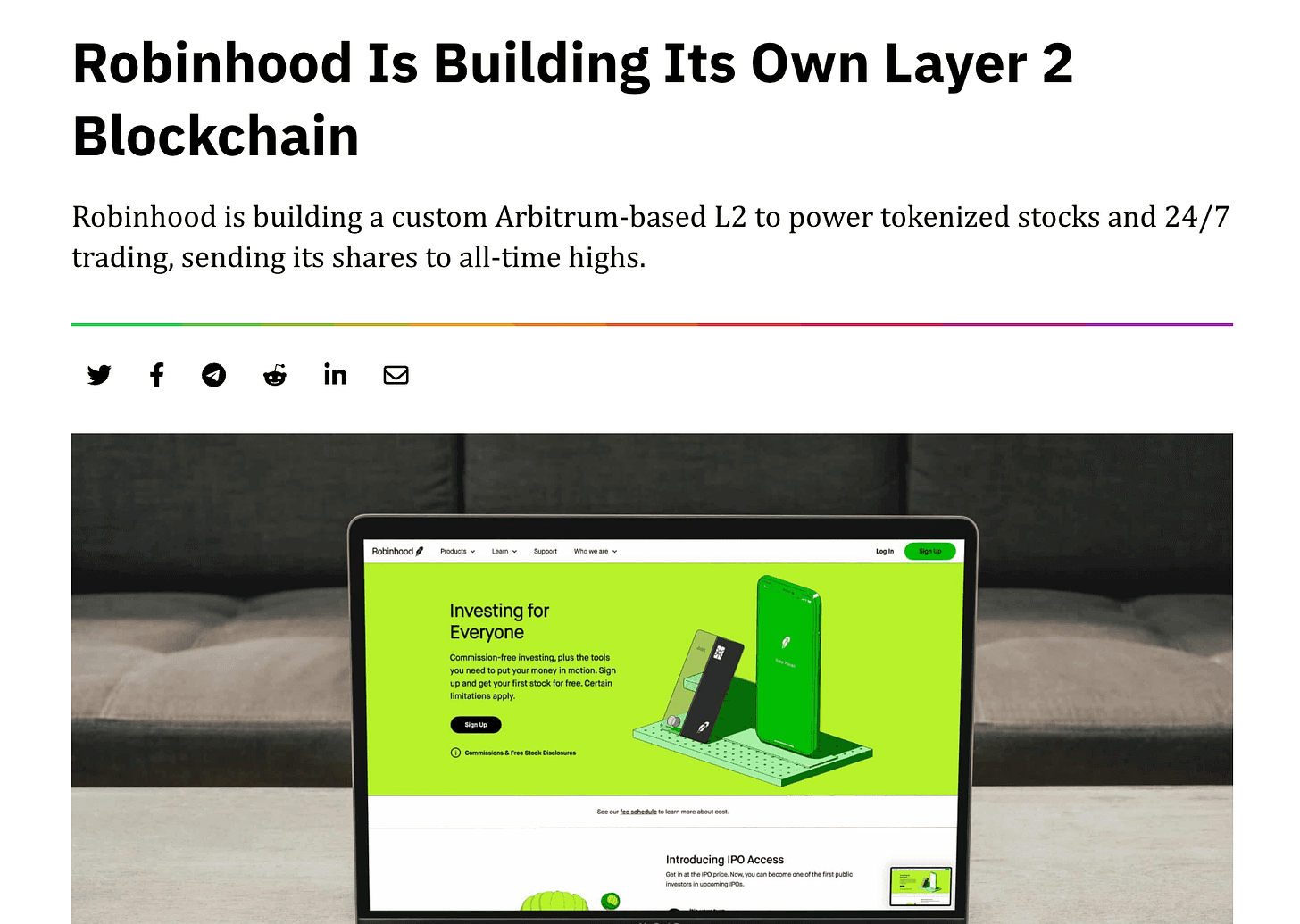 A screenshot of Robinhood's chain announcement