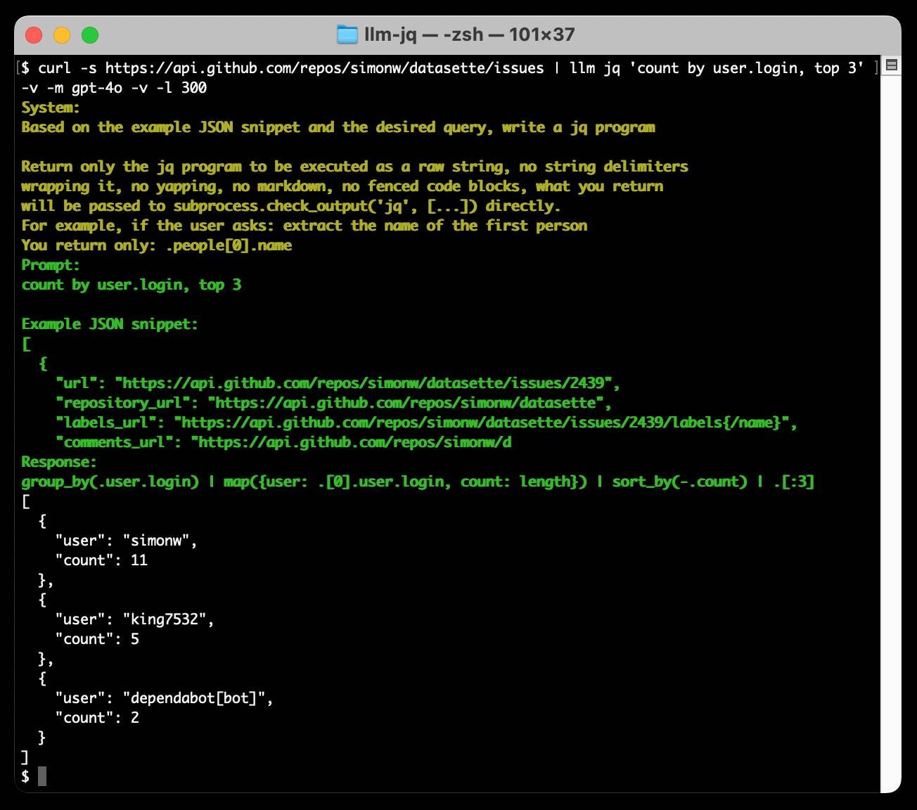 Example terminal screenshot of llm jq with the verbose option.