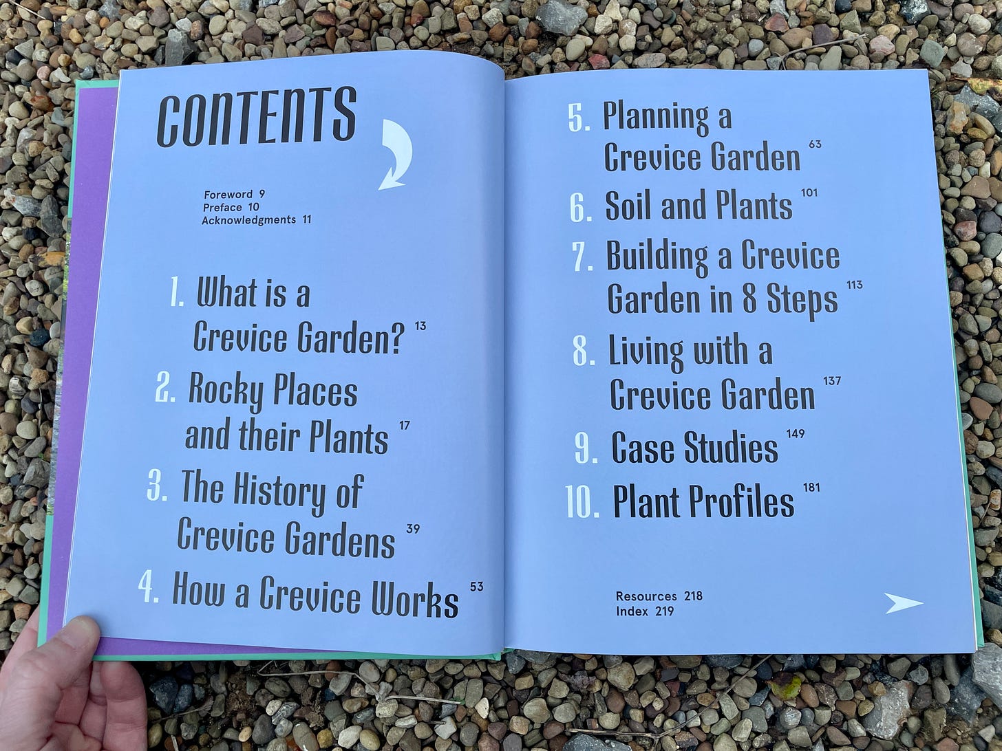 Table of contents of The Crevice Garden by Kenton Seth & Paul Spriggs.