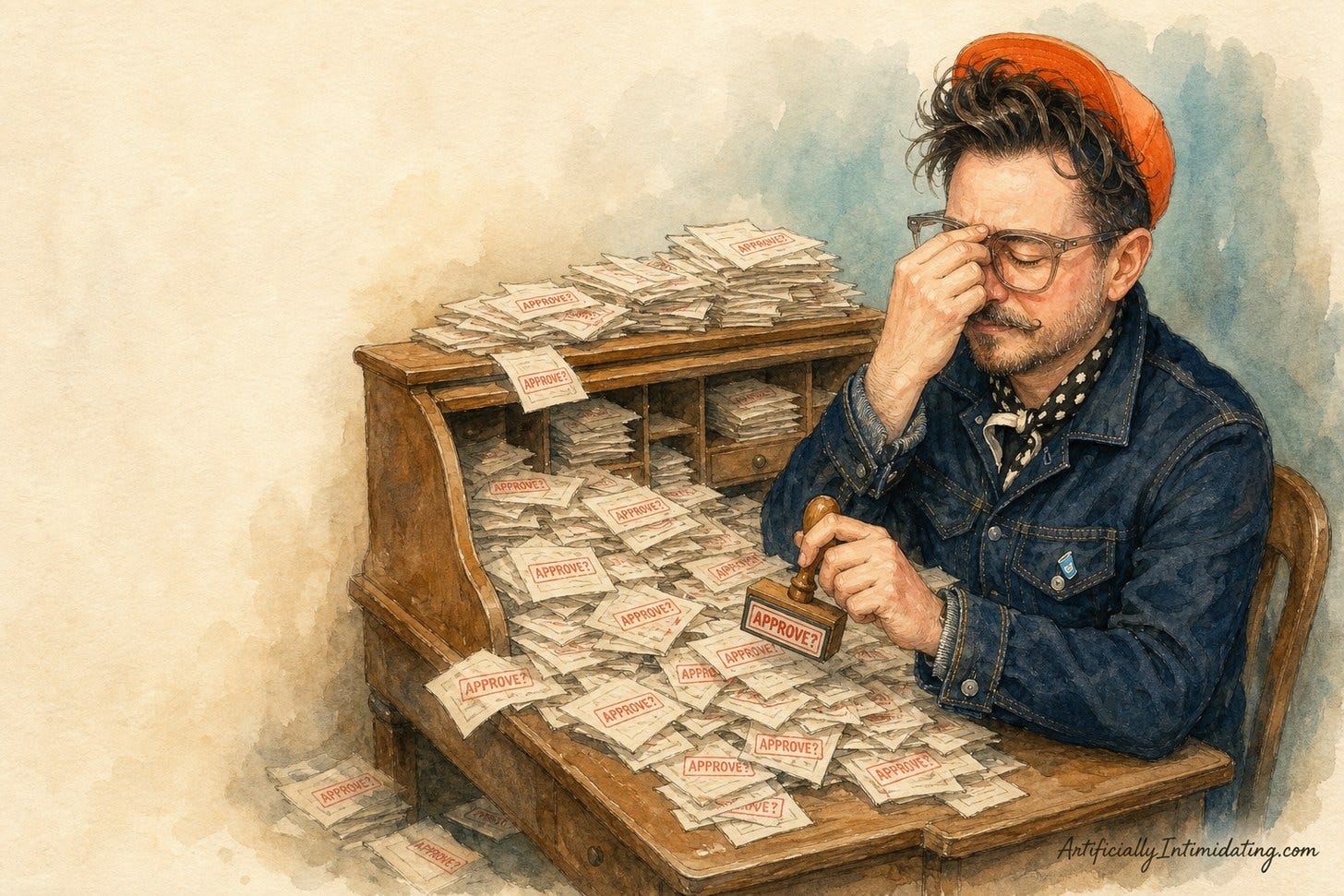 Watercolor illustration of a founder at a rolltop desk buried in small paper slips stamped APPROVE in red ink, pinching the bridge of his nose while holding a rubber stamp.