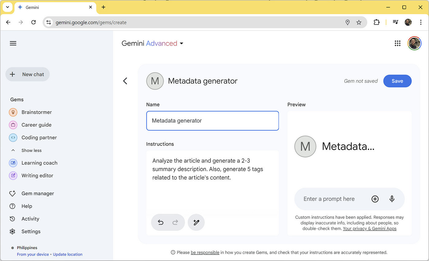 Google Introduces Custom Gems in Gemini -Sample Gem