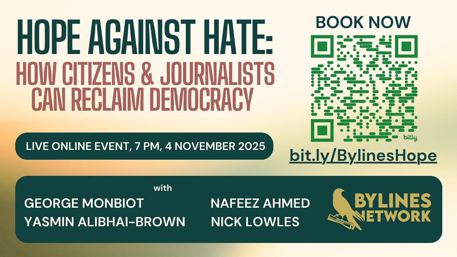 A title card advertising Bylines Network's "hope against hate" online event.
