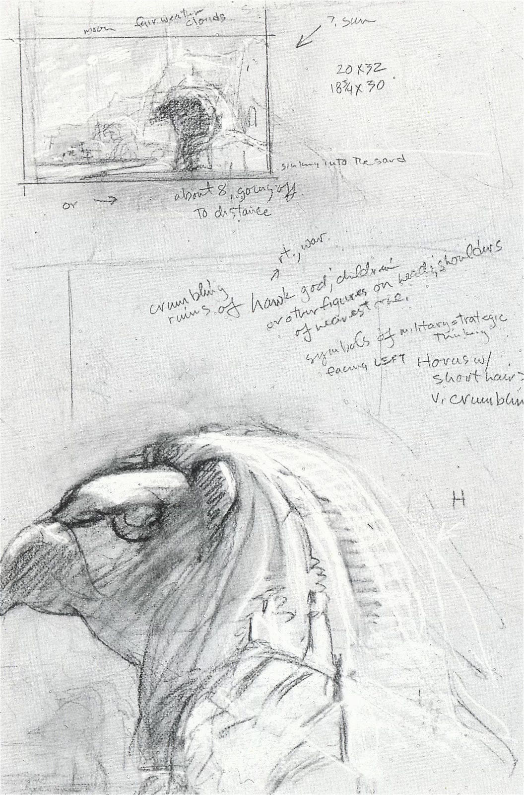 Sketches of the hawk statues with notes that read, "crumbling ruins of hawk god, children or other figures on head & shoulders of nearest one. Symbols of military strategic thinking. Facing left. Horus w/ short hair."