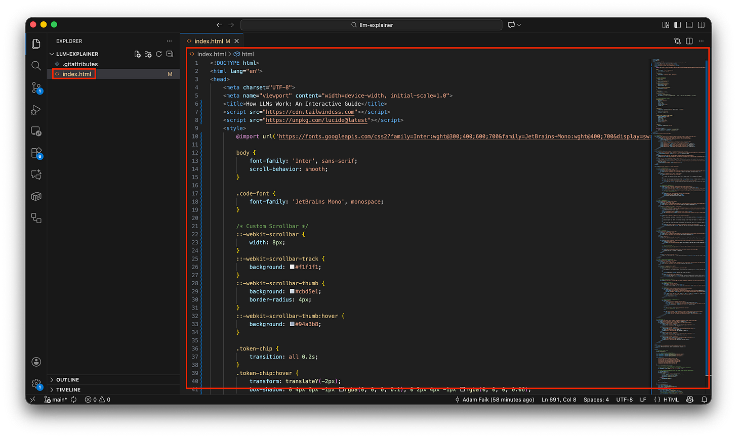 VS Code editor displaying the pasted HTML code, with a red box framing the code content.