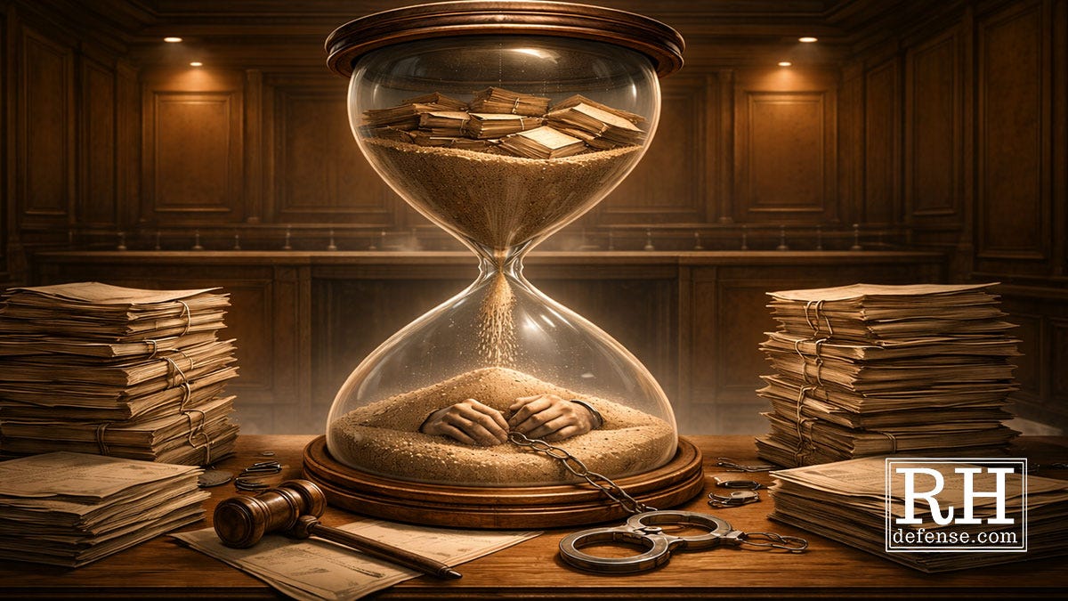 Illustration of a giant hourglass set in a courtroom, with legal files filling the upper chamber while sand buries a pair of shackled hands trapped in the lower chamber, symbolizing confinement and pressure over time.