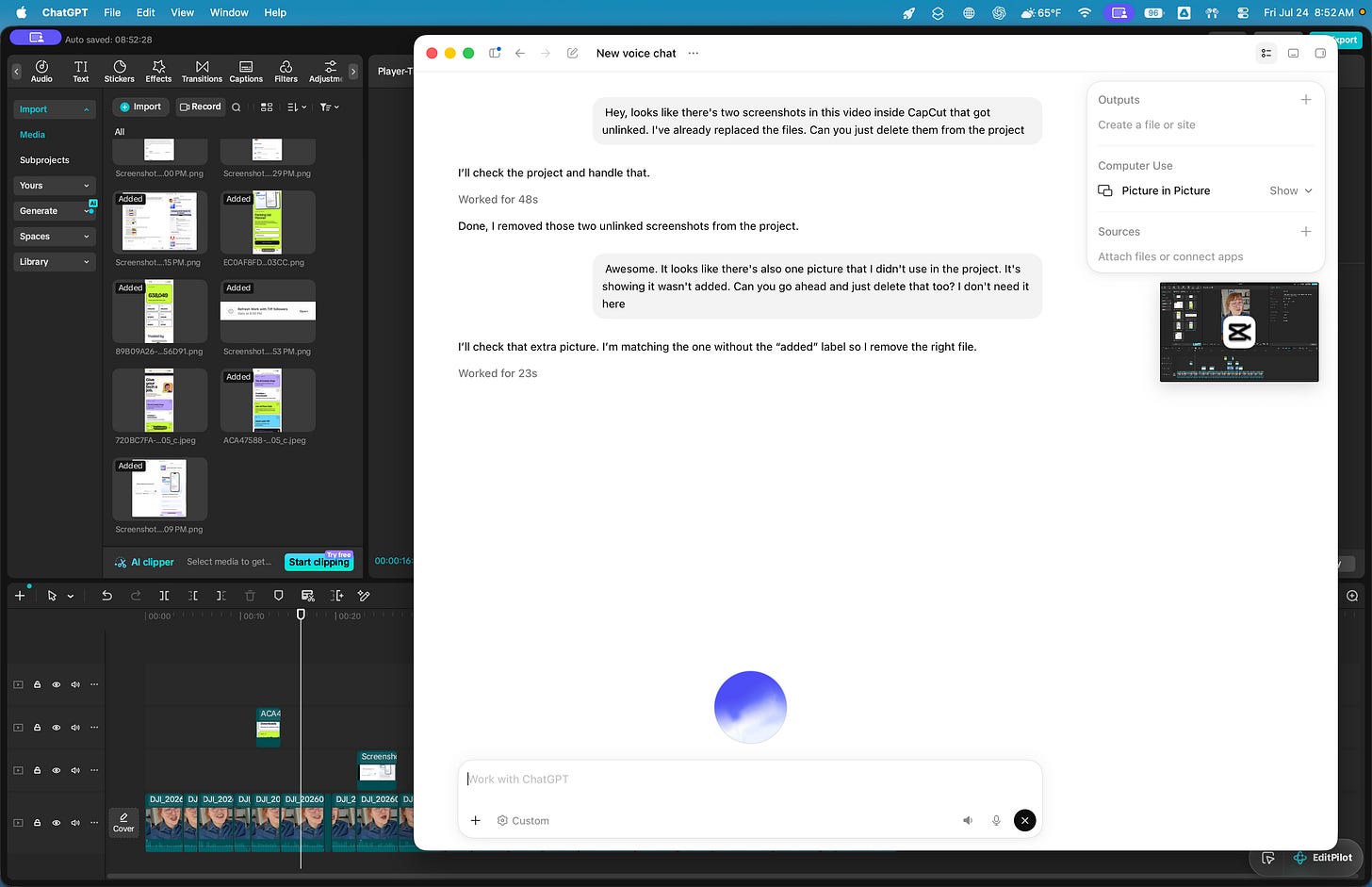 Screenshot showing ChatGPT in the desktop interface actively inspecting video project files and resolving missing media issues during a voice call. Screenshot showing ChatGPT in the desktop interface actively inspecting video project files and resolving missing media issues during a voice call.