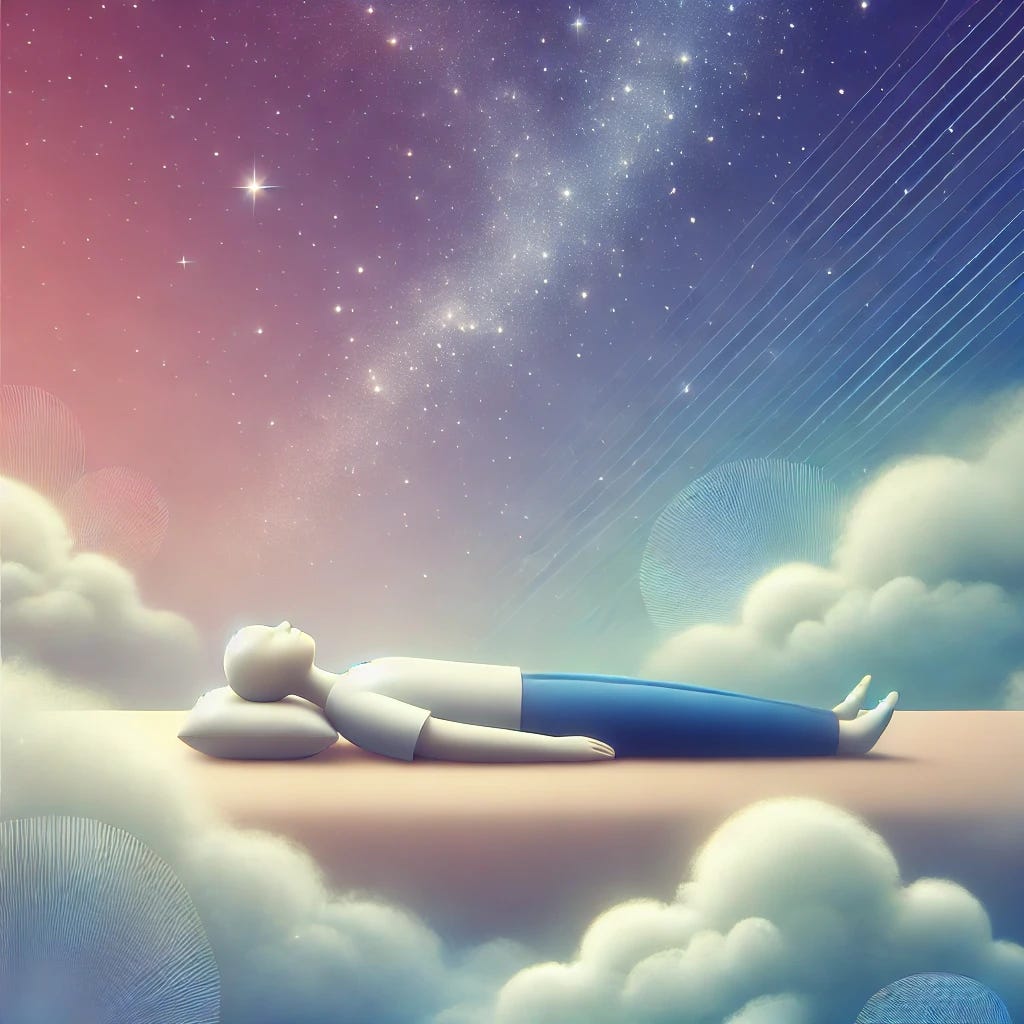 A serene, surreal image of a person who has reached the peak level of sleep. The person is lying peacefully on a soft, elevated surface surrounded by a dreamlike ambiance, with gentle clouds or soft light around them. Their expression is calm and content, symbolizing deep relaxation and fulfillment. The background is filled with calming gradient colors like blues and purples, with subtle star-like elements to suggest depth and tranquility. Style: Minimalist and soothing, with smooth lines and a dreamlike, ethereal atmosphere. No text.
