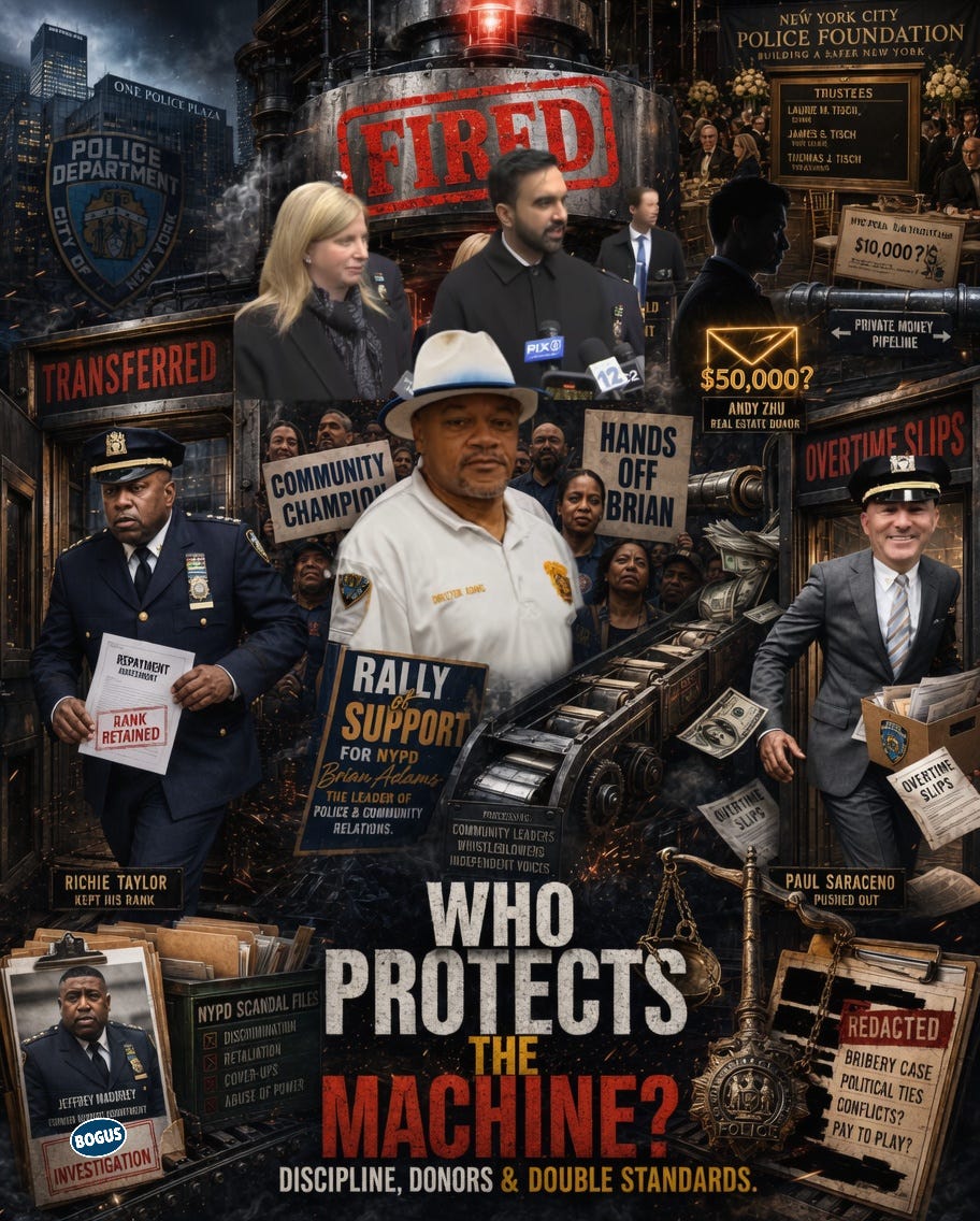NYPD's Two-Tier Justice: Brian Adams’ firing raises questions about NYPD discipline, Taylor, Tisch, Zhu, and accountability.