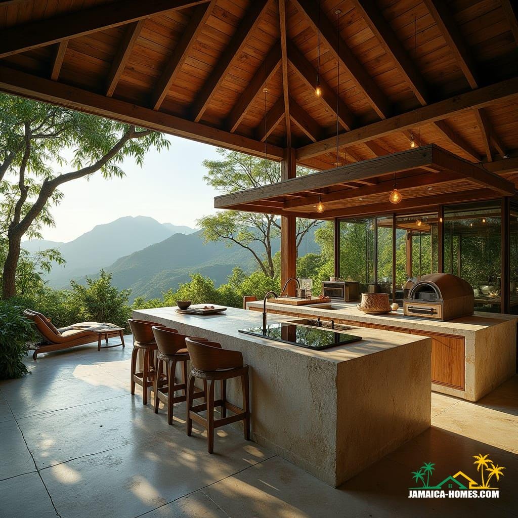 An ultra-luxurious outdoor kitchen, crafted from rich teak and mahogany, seamlessly integrated into a multimillion-pound off-the-grid wooden estate, nestled in the lush green mountains of Jamaica, surrounded by towering bamboo and tropical foliage. A grand stone island with a built-in sink and high-tech, eco-friendly induction cooktop takes center stage, while a solar-powered pergola with hanging Edison bulbs provides shade. An elegant fire pit and custom-built pizza oven add to the rustic yet modern aesthetic. The estate, a masterpiece of sustainable architecture, is crafted from locally sourced wood and large glass panels, with green roofs and solar panels blending into nature. The open-air design offers breathtaking panoramic views of the Caribbean Sea. Inspired by the cinematography of Emmanuel Lubezki, the lighting of Roger Deakins, and the production design of Wynn Thomas, with a hint of Ken Fulk's luxurious style, this cinematic film still is shot on v-raptor XL, with film grain, vignette, and color graded to perfection, evoking the warmth and grandeur of a 35mm film.

