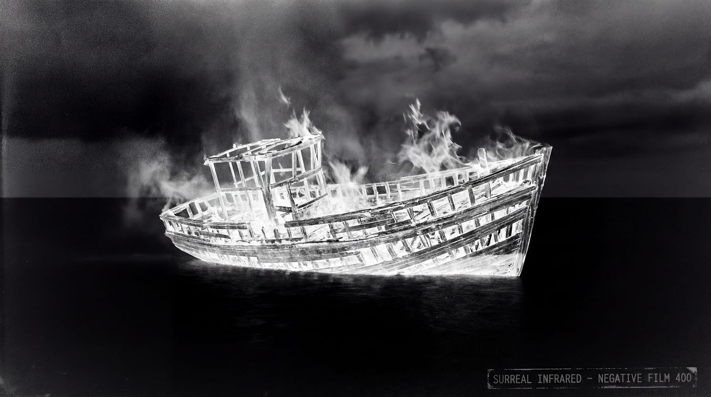 AI-generated illustration of a negative film image showing a burning narco terrorist drug boat, symbolizing the end of narco trafficing on the open seas.