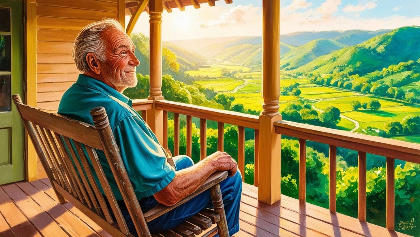 80-year-old man sitting on his front porch admiring a beautiful summer view