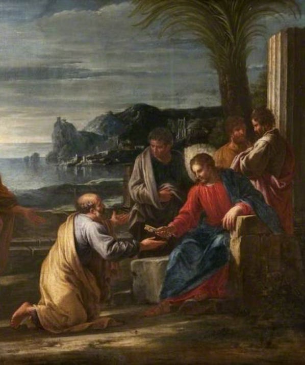Jesus handing the keys to Peter.