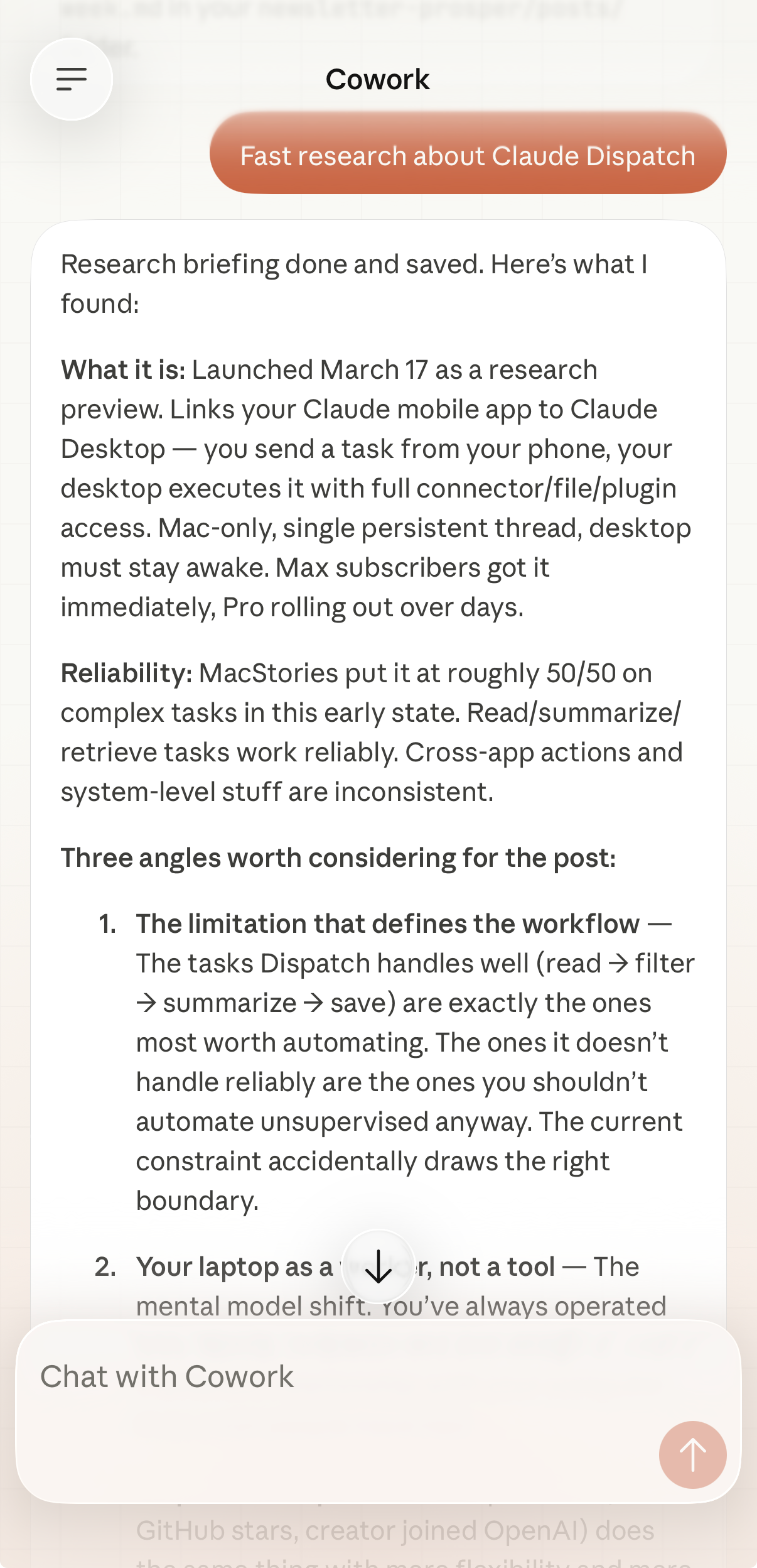 /fast-research running on mobile via Dispatch — showing the skill triggered from phone