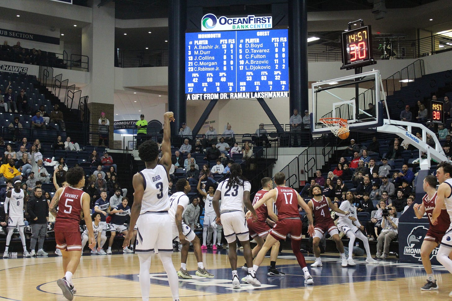Madison Durr makes a 3-pointer during Monmouth’s win over Charleston on Jan. 11, 2025. (Photo by Adam Zielonka) Madison Durr makes a 3-pointer during Monmouth’s win over Charleston on Jan. 11, 2025. (Photo by Adam Zielonka)