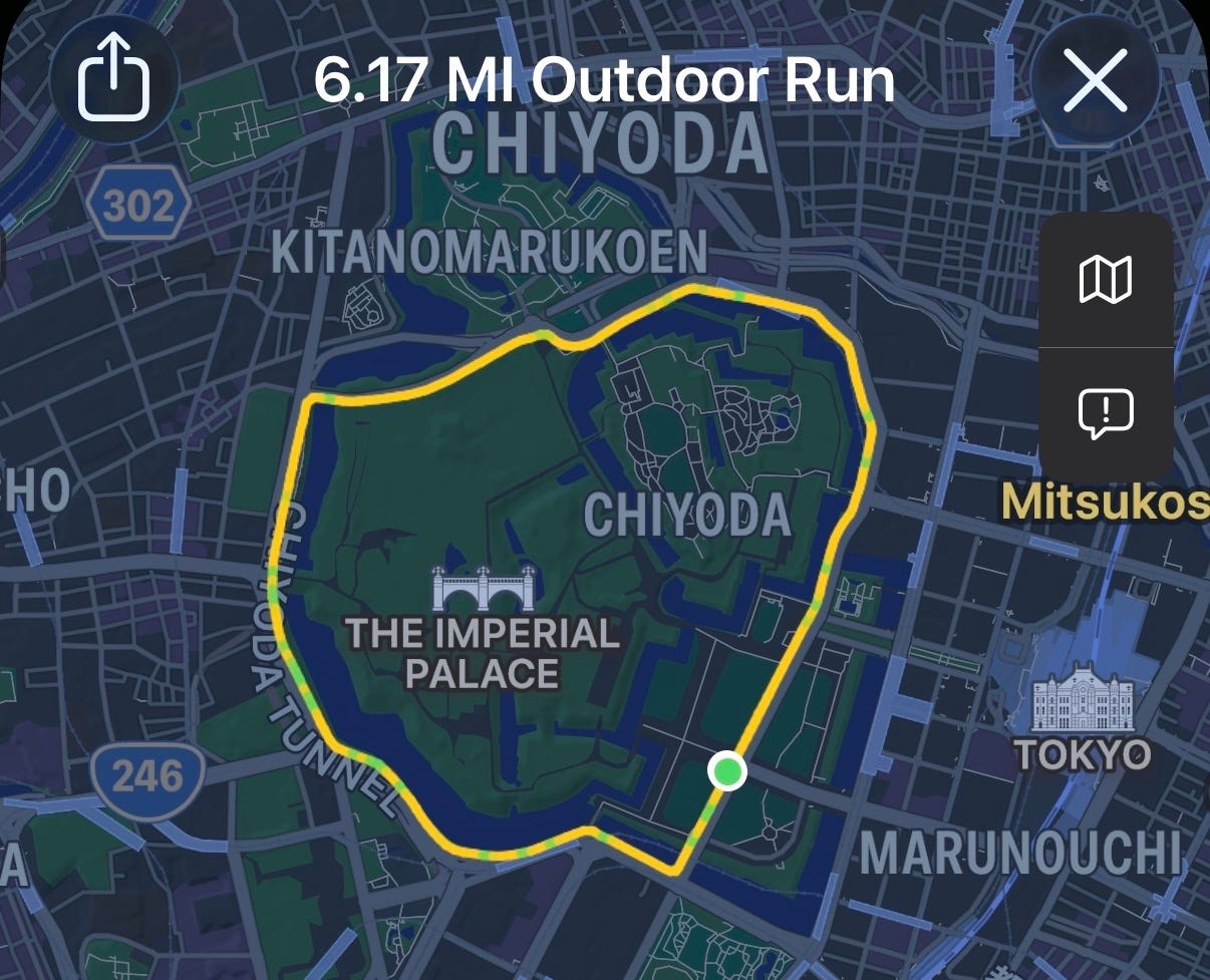 Two loops around Tokyo’s Imperial Palace equates to roughly a 10K.