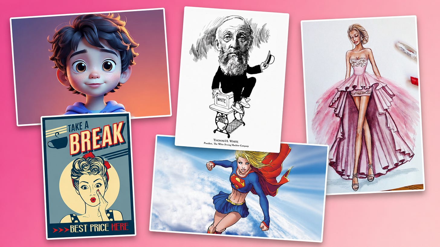 Reference images for five illustration styles: comic book, 3D Pixar cartoon, fashion illustration, caricature, and retro poster