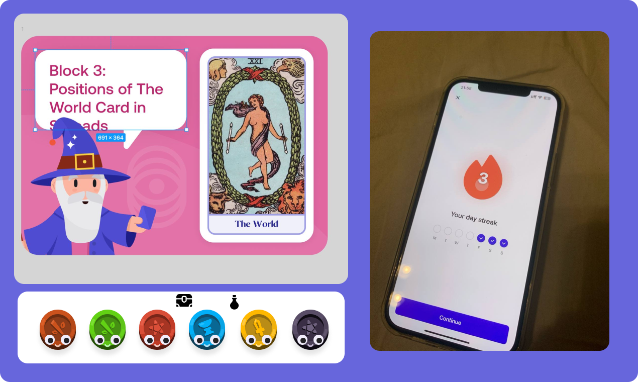 A lesson screen about the position of The World card, a phone showing the app, and a row of card packs. A lesson screen about the position of The World card, a phone showing the app, and a row of card packs.
