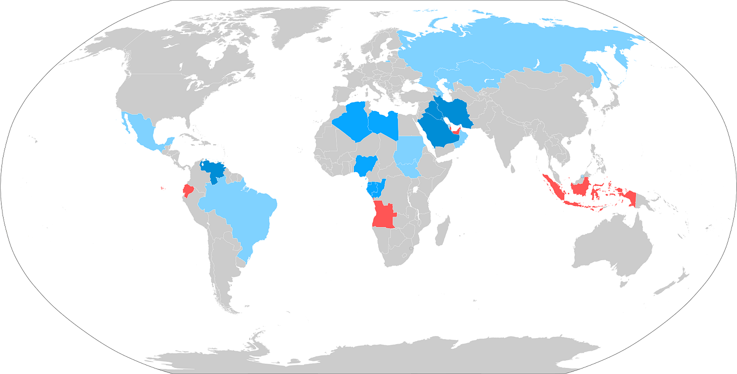 A map showing OPEC, OPEC+, and former members A map showing OPEC, OPEC+, and former members