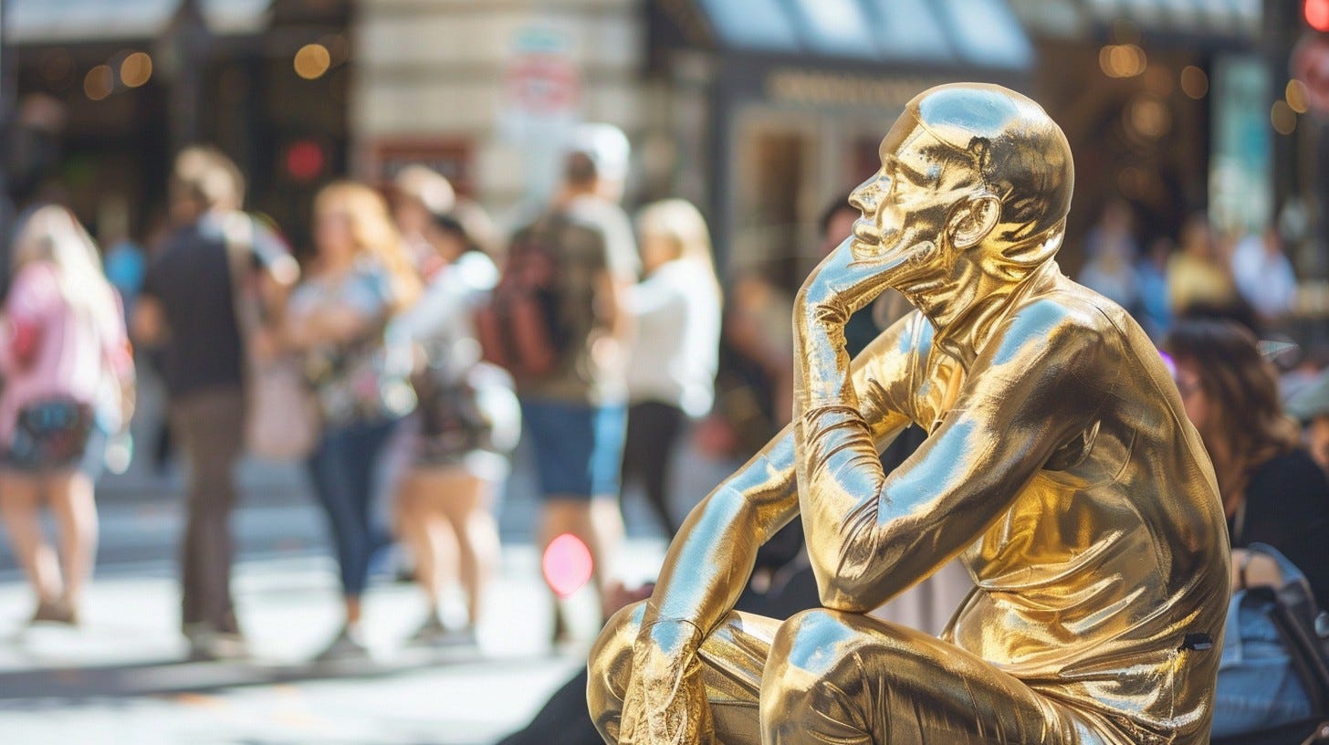 Golden statue of a seated man in a contemplative pose, reflecting light in an urban street setting. The sharp detail of the statue contrasts with a blurred, busy background of passing figures, highlighting themes of reflection, solitude, and stillness within city life. Golden statue of a seated man in a contemplative pose, reflecting light in an urban street setting. The sharp detail of the statue contrasts with a blurred, busy background of passing figures, highlighting themes of reflection, solitude, and stillness within city life.