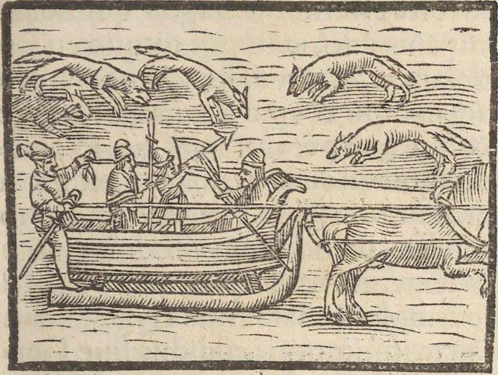 Small black and white woodcut: wolves leap through the air over a horse-drawn sleigh, while the men inside defend themselves with spears and a crossbow. Small black and white woodcut: wolves leap through the air over a horse-drawn sleigh, while the men inside defend themselves with spears and a crossbow.