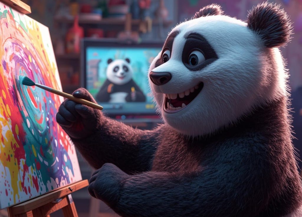 Illustration of a happy cartoon panda painting with watercolors while watching a training video