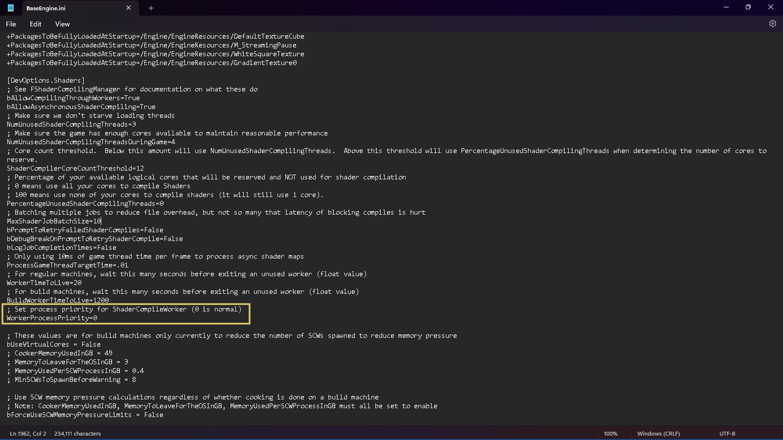 The BaseEngine.ini file is located at C:\Program Files\Epic Games\UE_5.4\Engine\Config. Setting the process priority to zero speeds the shader compiler. The BaseEngine.ini file is located at C:\Program Files\Epic Games\UE_5.4\Engine\Config. Setting the process priority to zero speeds the shader compiler.