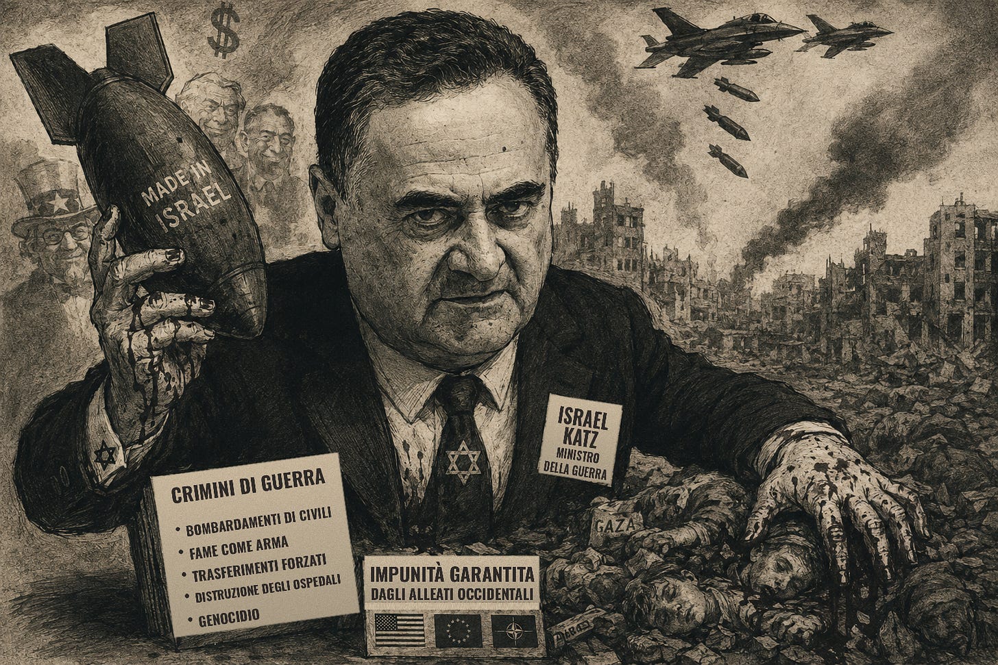 Caricatura politica in toni seppia, in uno stile espressionista vicino a John Heartfield o George Grosz. Israel Katz occupa il centro dell’immagine con un’espressione dura. Brandisce una bomba con la scritta «Made in Israel» sopra un paesaggio di rovine e cadaveri che evoca una Gaza devastata. Aerei sganciano bombe nel cielo, mentre cartelli in primo piano denunciano i «crimini di guerra» e «l’impunità garantita dagli alleati occidentali».